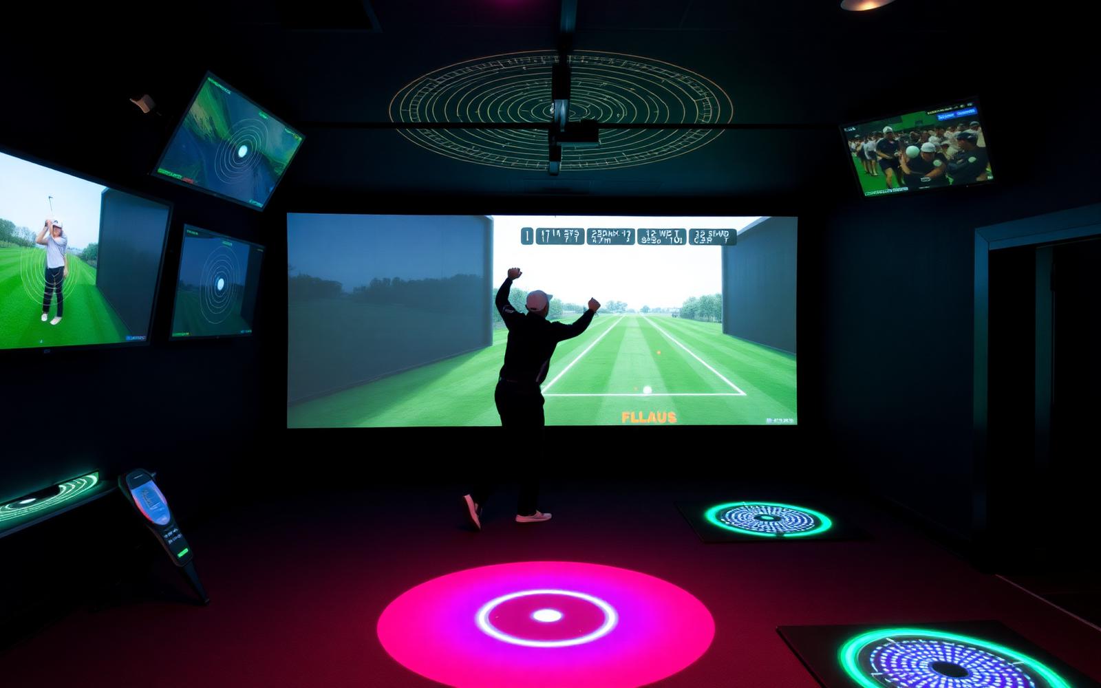 Studio d'analyse de golf avec radar et écrans de données